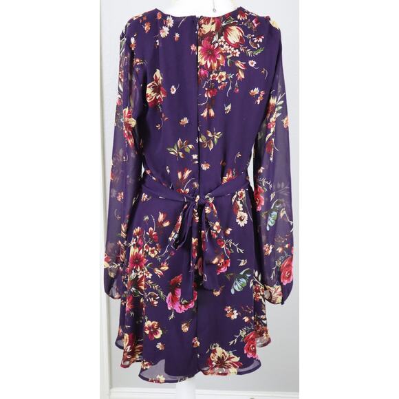 Lulus Purple Floral Short Dress Long Sleeves Fit and Flare Roses Tie Bow Medium - Picture 5 of 8